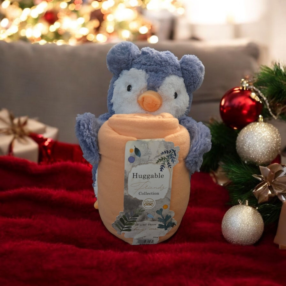 Lt Purple and Orange Penguin Plush Blanket